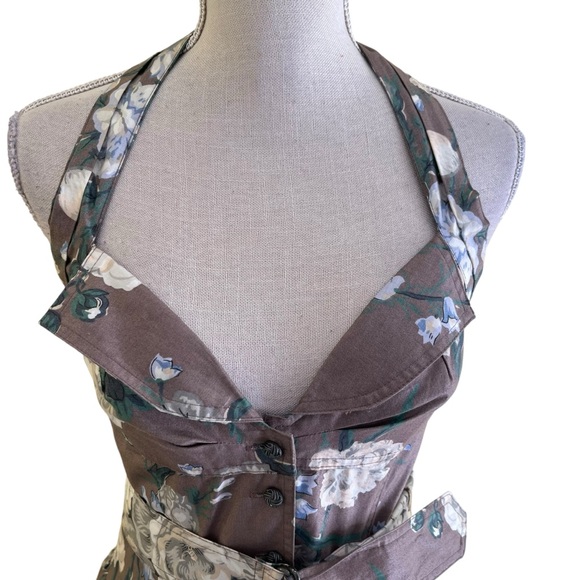 Rhonda Harness Foxy Lady Vintage Taupe/White Floral Cotton Halter Dress 8 - Picture 3 of 17